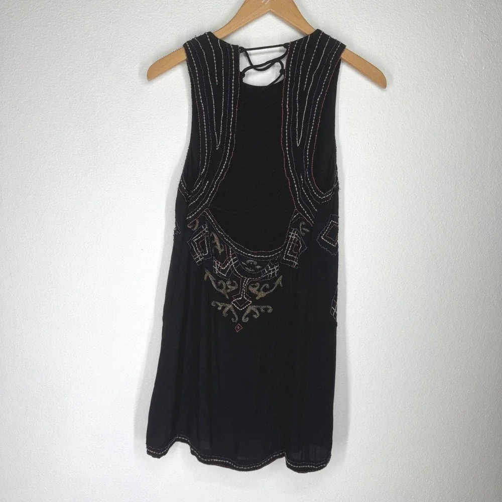 Free People Beaded Embroidered‎ Lace Up Open Back Mini Dress 2 Black Festival